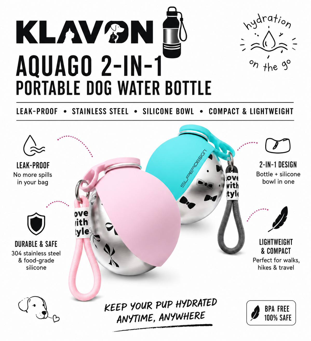Klavon™ AquaGo 2-in-1 Portable Dog Water Bottle 285 ml