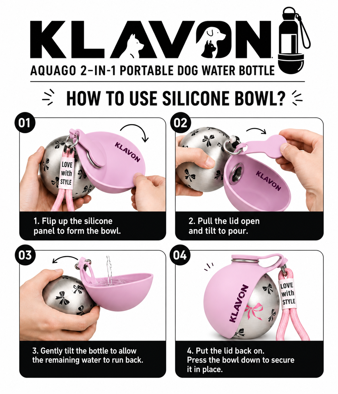 Klavon™ AquaGo 2-in-1 Portable Dog Water Bottle 285 ml
