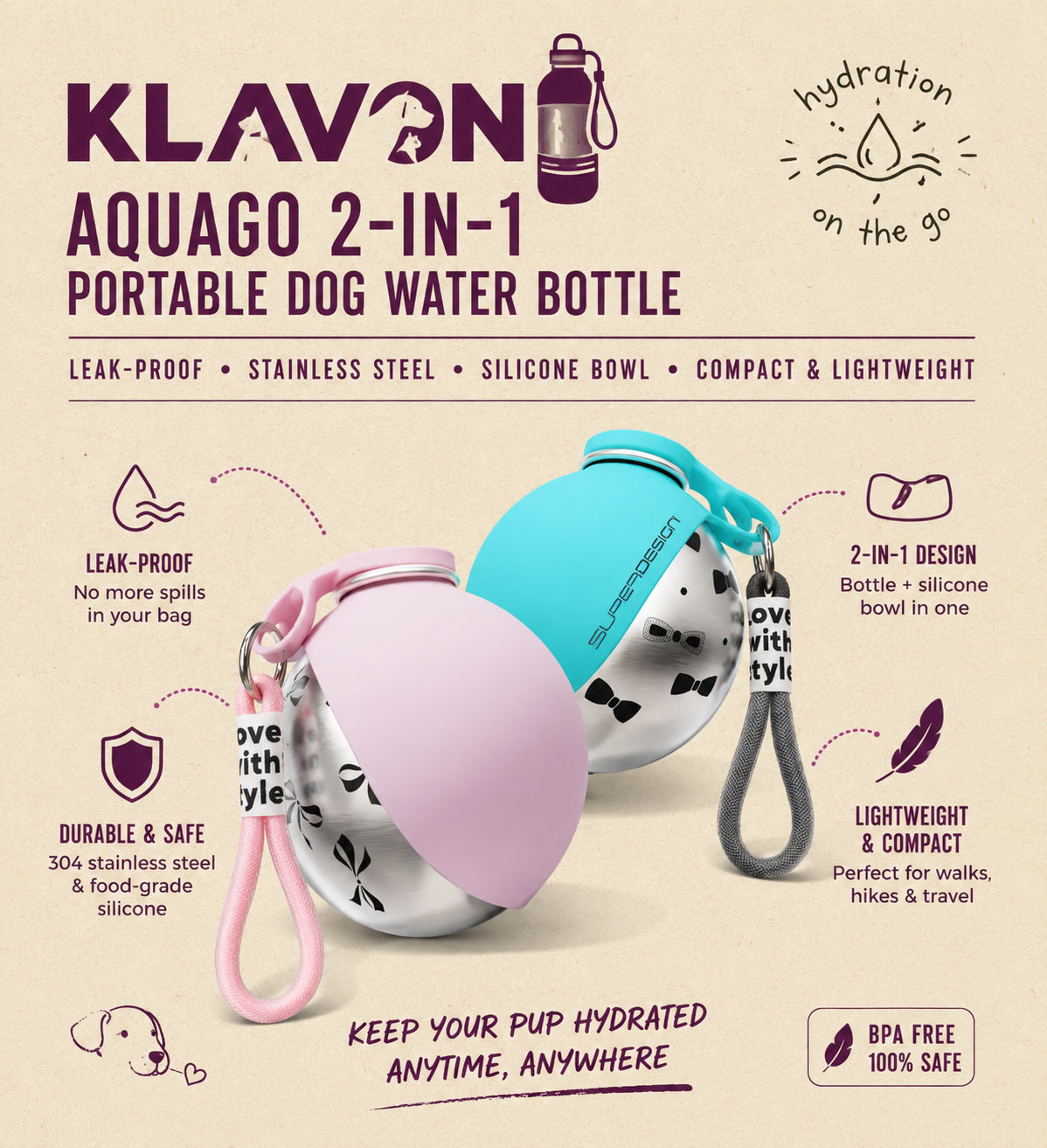 Klavon™ AquaGo 2-in-1 Portable Dog Water Bottle 285 ml
