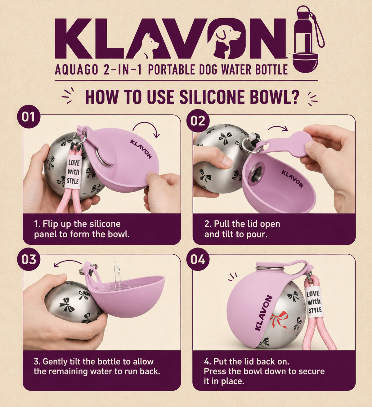 Klavon™ AquaGo 2-in-1 Portable Dog Water Bottle 285 ml